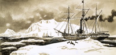 A ship steams between the glaciers of the Arctic by English School